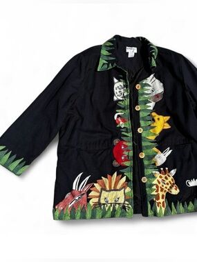 Anage Black Safari Jungle Animal Embroidered Art to Wear Jacket Size L